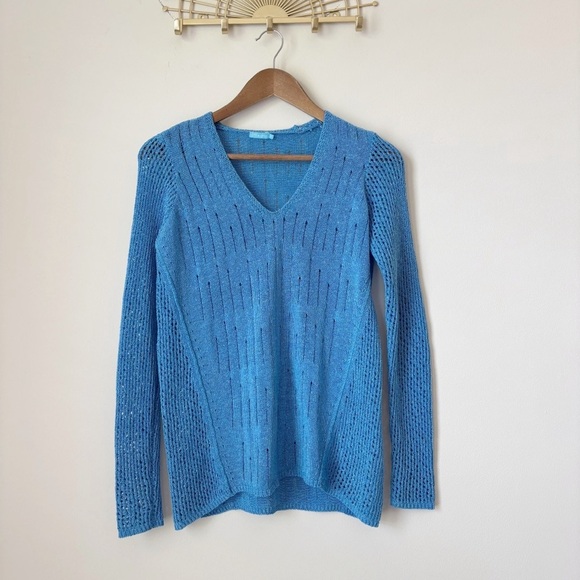 J. McLaughlin Open Knit V Neck Sweater XS Blue - Picture 1 of 8